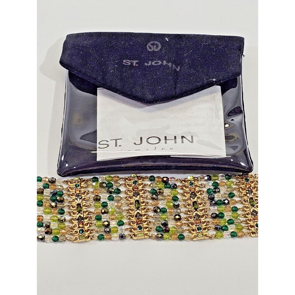 St. John Evening Gold Plate 1.5"W Statement Green Crystal Bracelet 7.5"L EUC - Picture 7 of 8